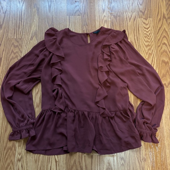 Ann Taylor Burgundy Ruffle Long Sleeve Peplum Blouse Large Romantic Boho Cottage - Picture 4 of 9